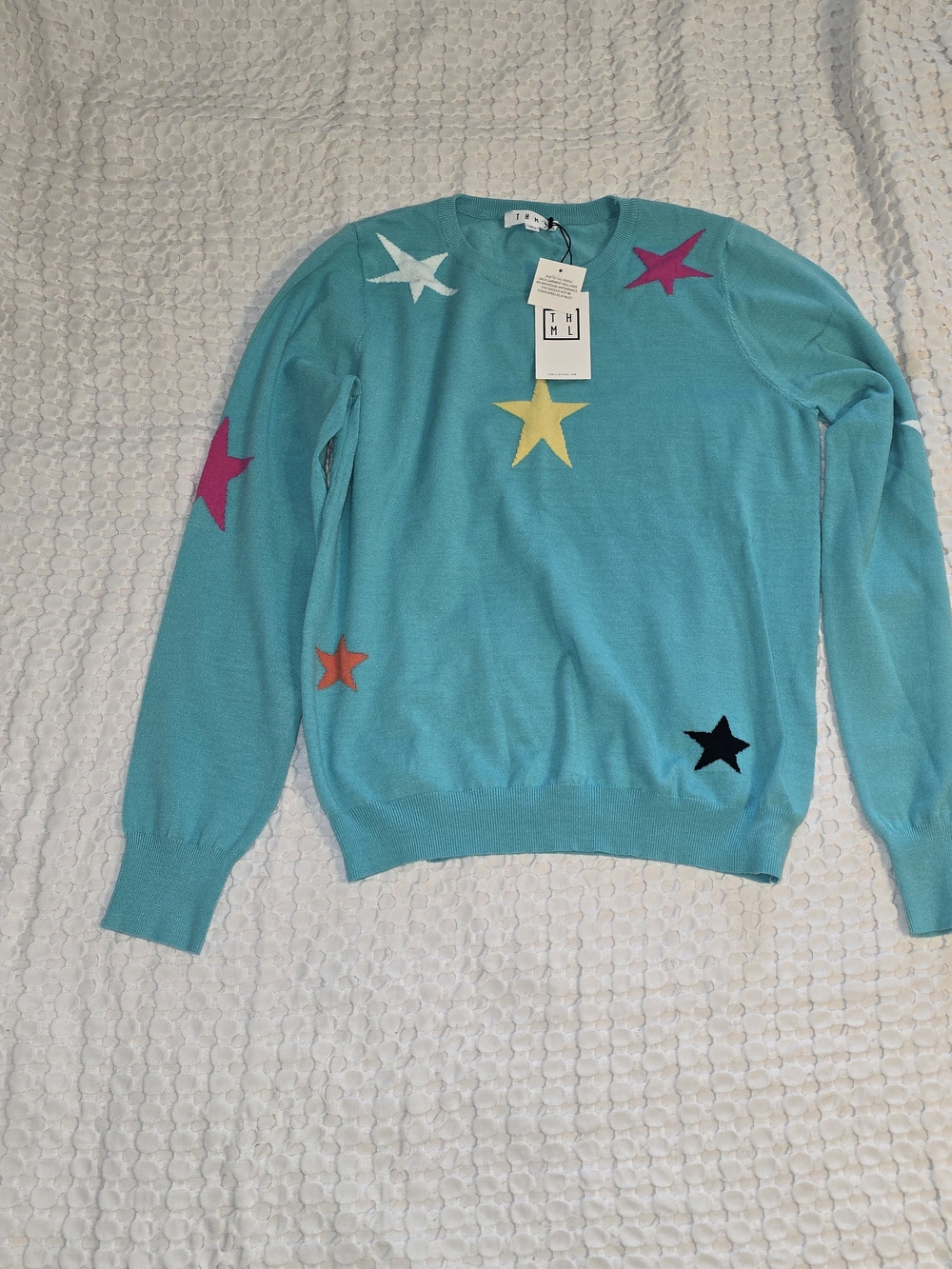 NWT THML Turquoise Colorful Star Pattern Knit Sweater - Size L ($98 MSRP)